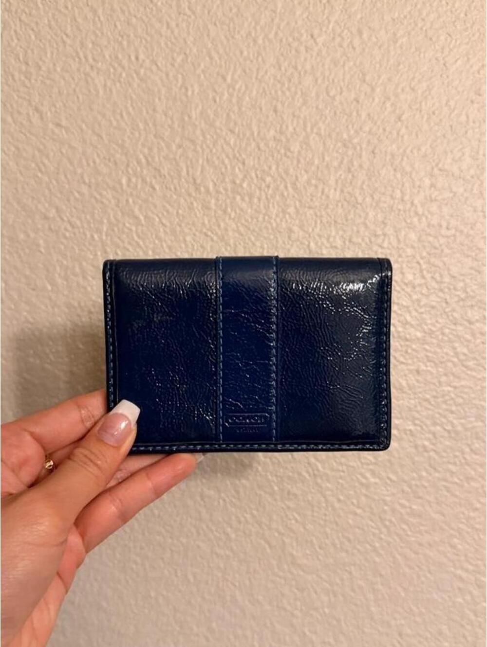 Navy Blue Patent Leather Coach Wallet with Pink Interior